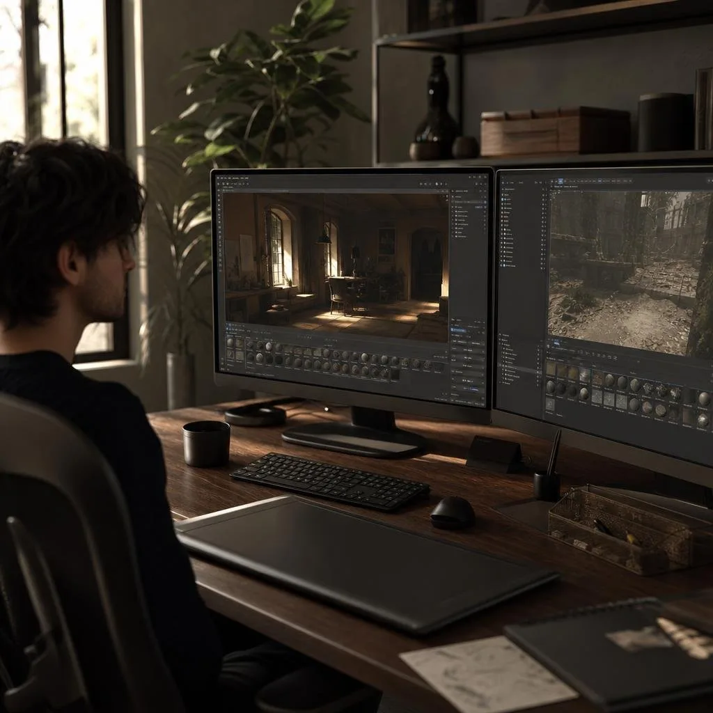 A tidy 3D workstation with a graphics tablet and dual monitors