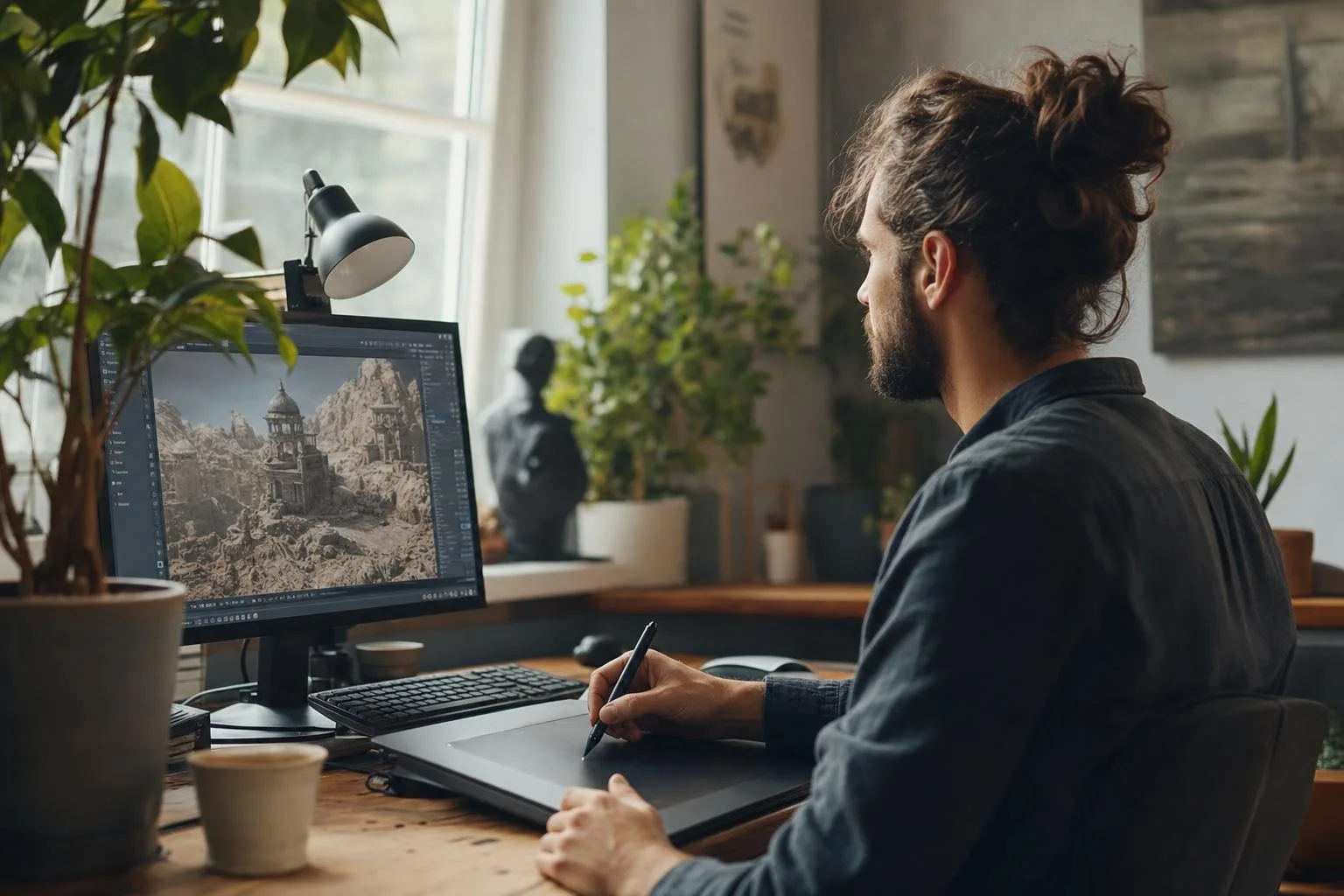 A 3D viewport with a work-in-progress model and lighting setup