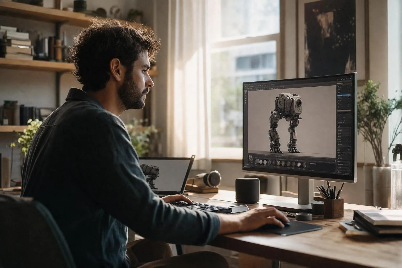 A 3D artist's workstation with a viewport render on screen